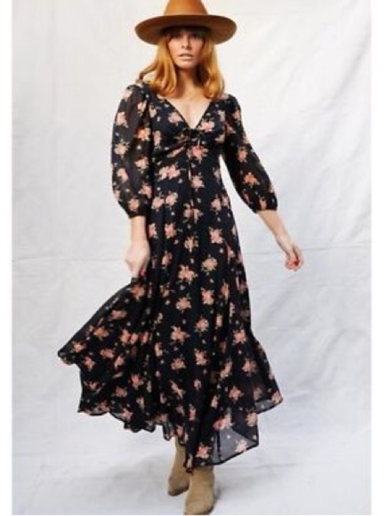 Free People Dresses & Skirts - Free People Tiered Floral‎ Maxi Dress Asymmetric Hem Layered Black Cottage Boho